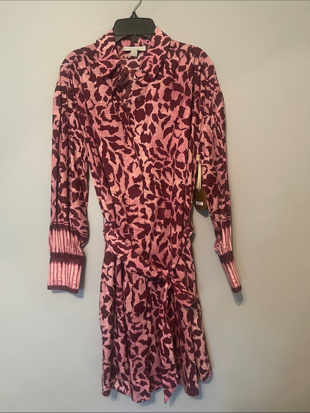 Long Sleeve Pink & Burgundy Printed Wrap-Style Dress